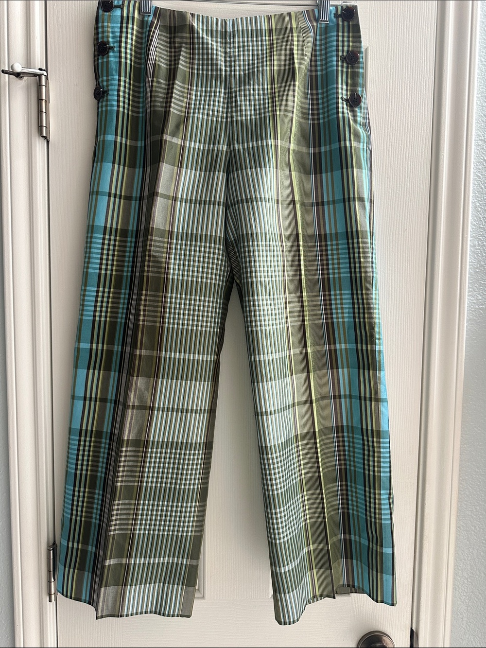 Vintage Talbots Green Turquoise Blue Plaid Wide Leg Cropped Pants 8 Silk Retro
